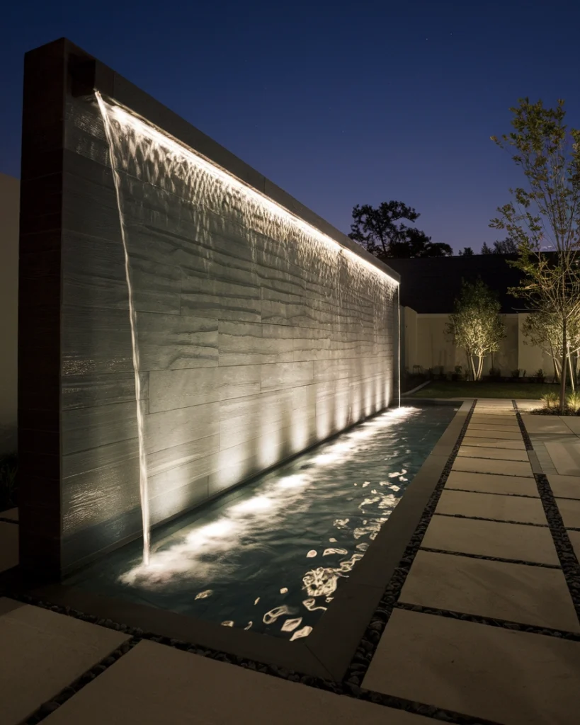 Small garden ideas , Garden tools, Water features "Modern illuminated water wall as a stunning design choice for extra large water features in the UK.