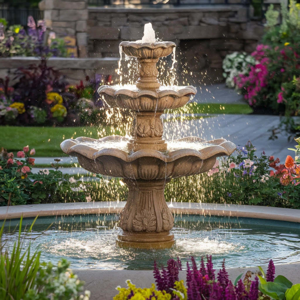 Small garden ideas , Garden tools, Water features "Majestic tiered fountain in a garden showcasing an extra large water feature in the UK."