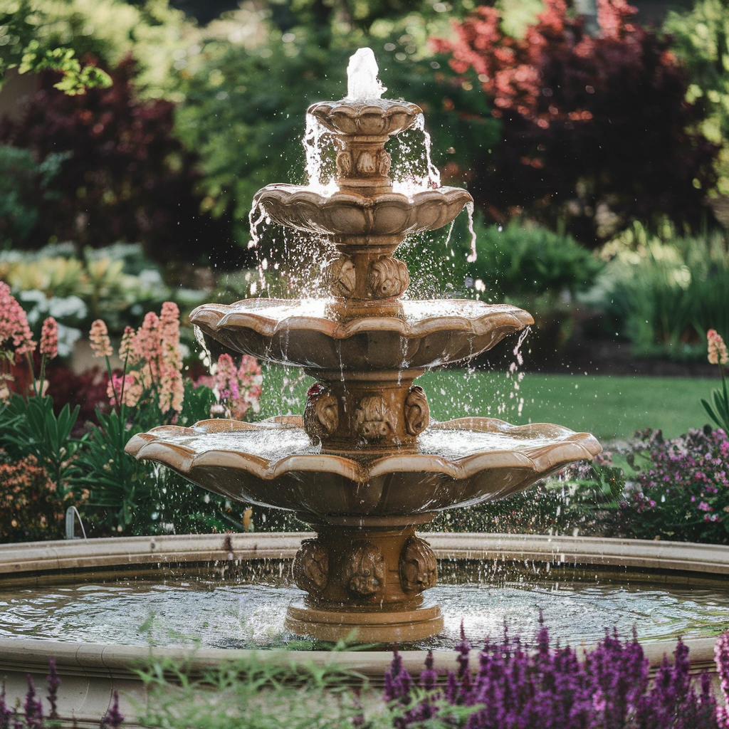 Small garden ideas , Garden tools, Water features "Majestic tiered fountain in a garden showcasing an extra large water feature in the UK."