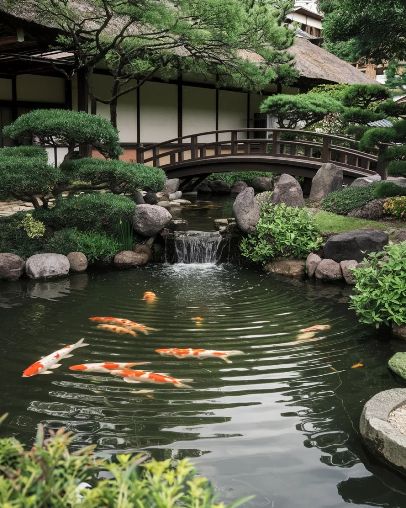 Small garden ideas , Garden tools, Water features Serene koi pond with a waterfall and lush plants representing extra large water features in the UK
